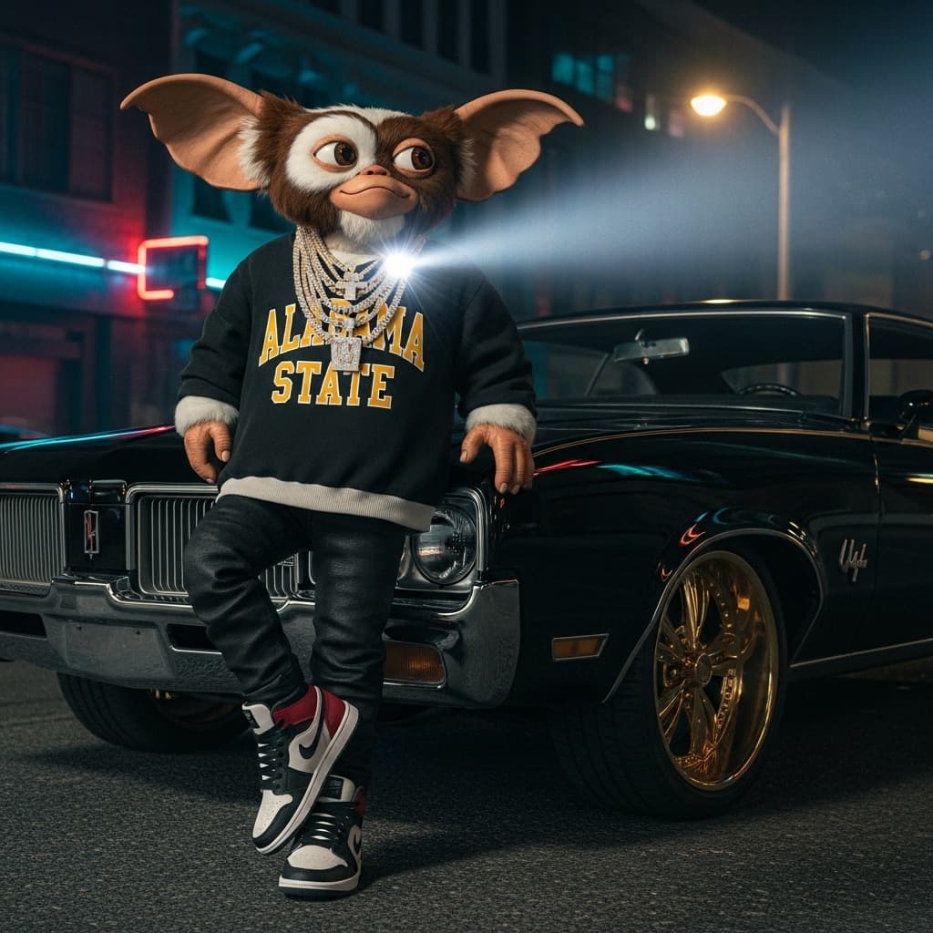 AI generated: Original Gizmo from Gremlins wearing oversized black and gold Alabama State collegiate sweatshirt, b...