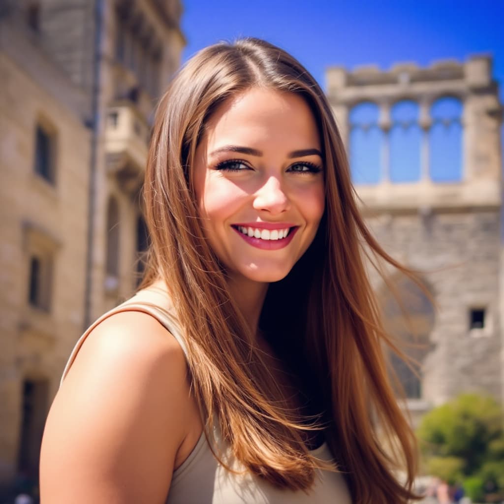 AI generated: A woman with long, straight brown hair stands outdoors in a sunlit historic setting, smiling warmly ...