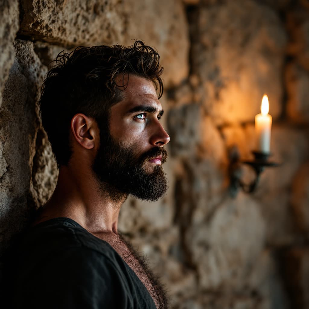 AI generated: “Profile close-up of a man with rough skin texture, dark beard, and piercing blue eyes, in front of ...