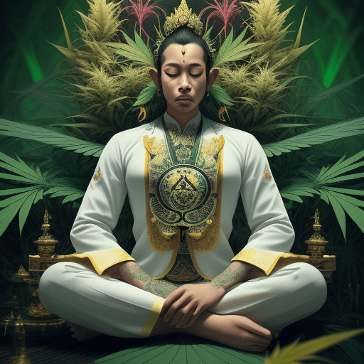 AI generated: make an image with a Barong meditating on a batch of cannabis, background forest of cannabis and sea...