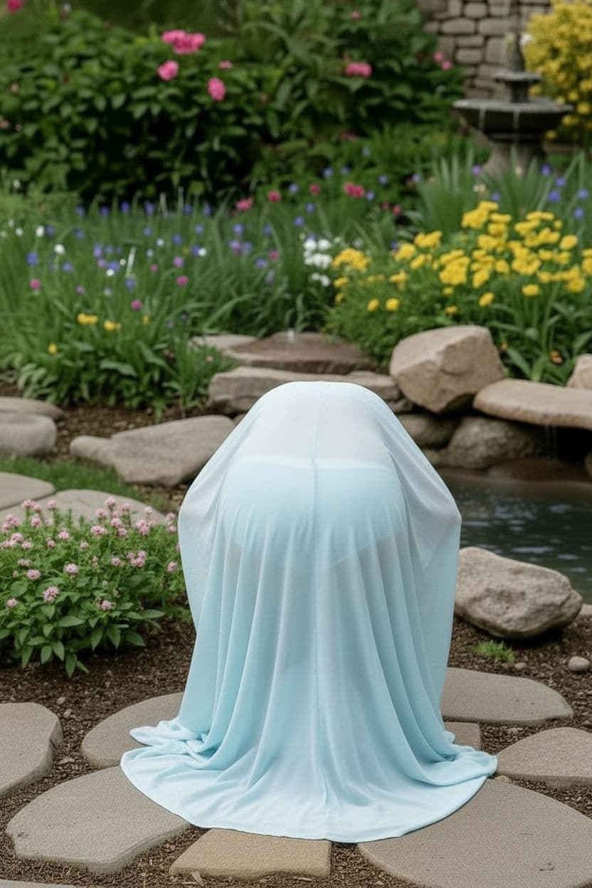 AI generated: The same image, seen from behind, but the woman is praying like a Muslim woman.