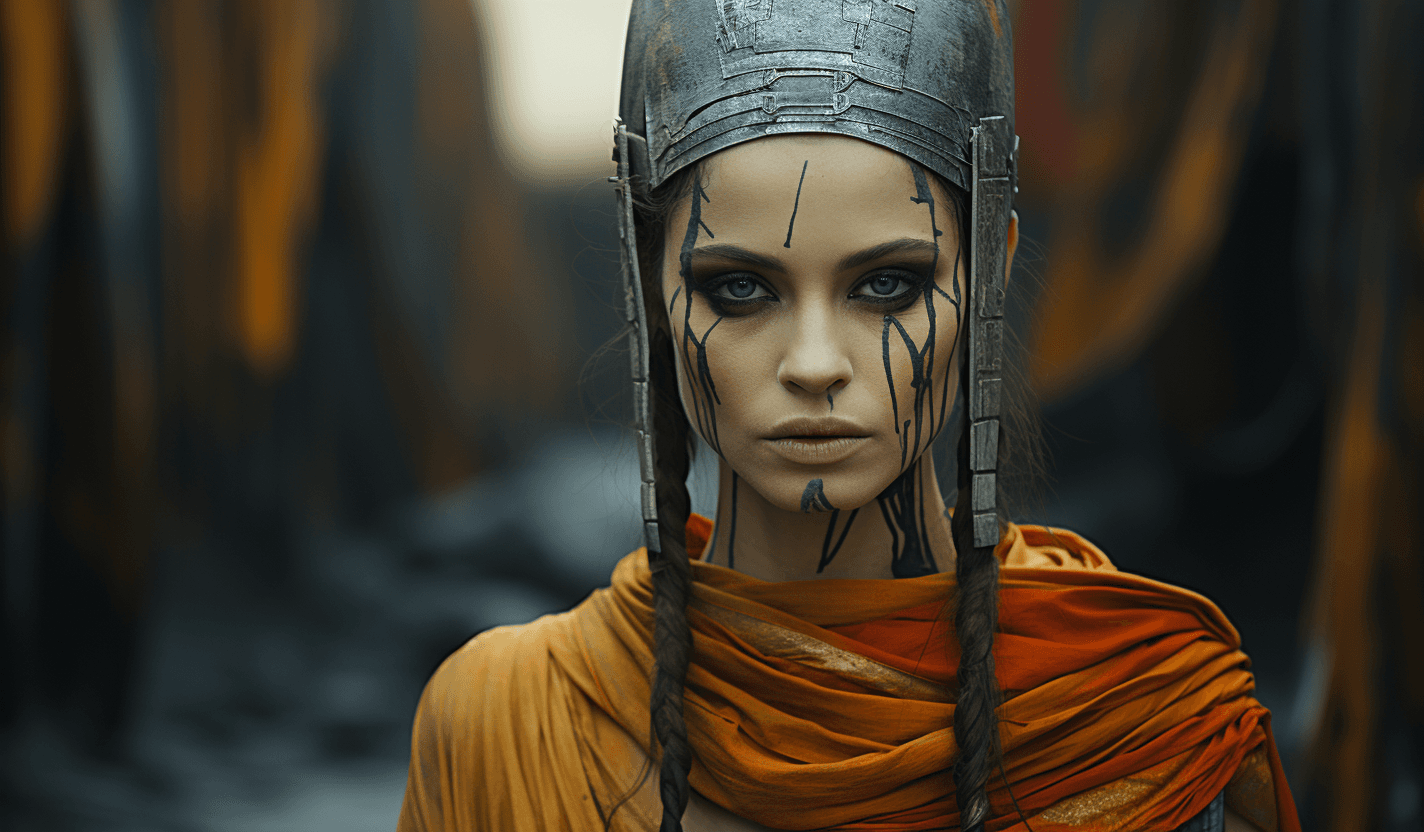 AI generated: the woman has a war painted face, in the style of animated gifs, zack snyder, gray and amber, firmin...