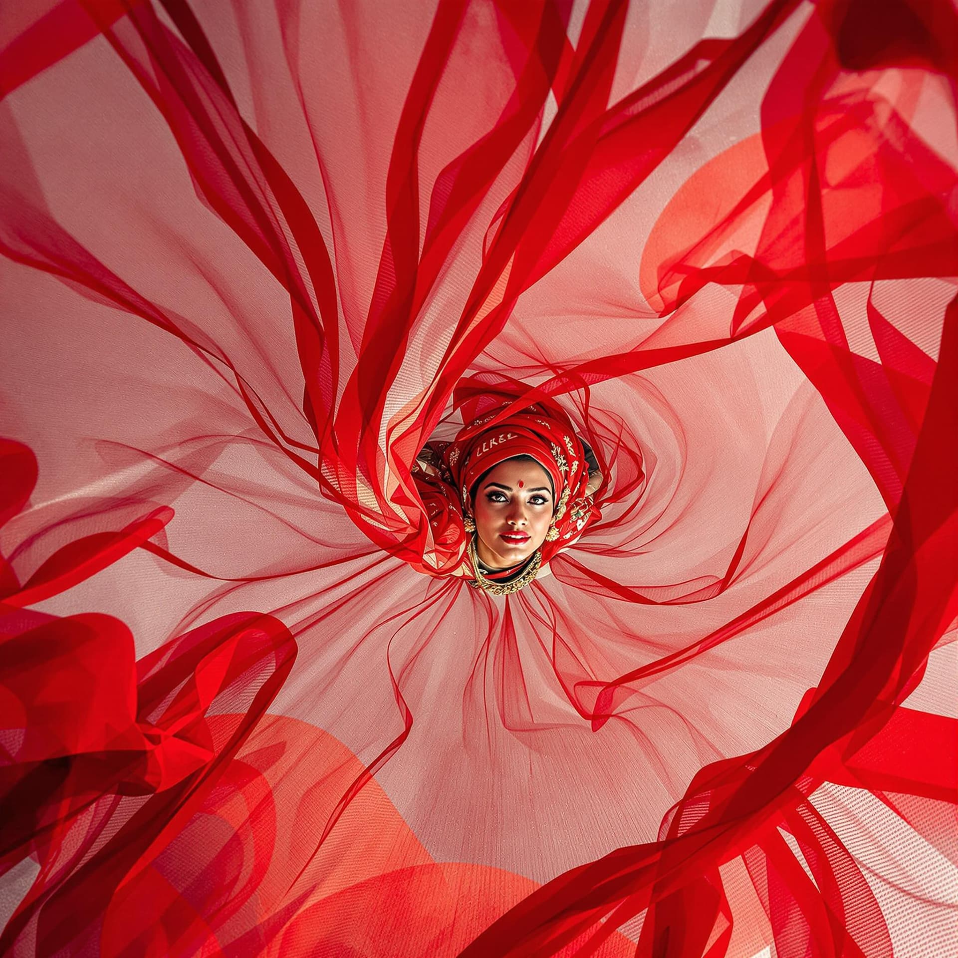 AI generated: Fashion photograph in the style of “bug’s-eye view” of a beautiful 45yo old Indian women wearing flo...