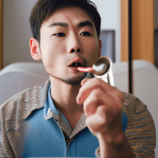 AI generated: Japanese handsome man sits at the table and he is bringing up a spoon to his mouth
