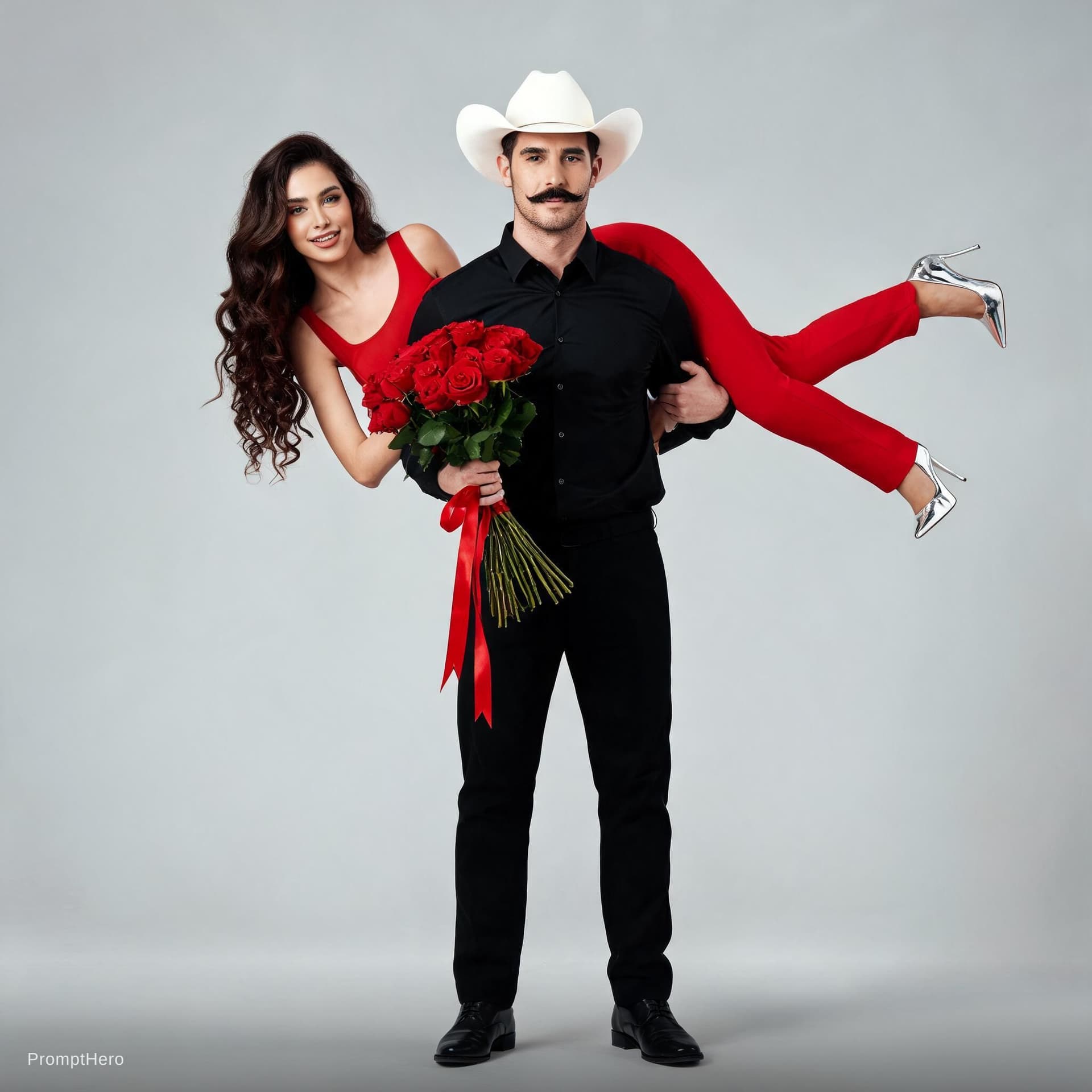 AI generated: Ultra realistic studio couple portrait, romantic fashion editorial photoshoot, minimalist studio bac...