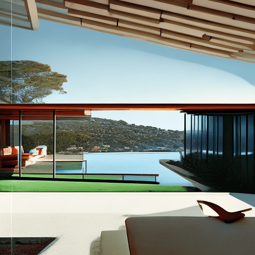AI generated: Hyper realistic eye level exterior photo of a mid century modern style house overlooking the ocean, ...