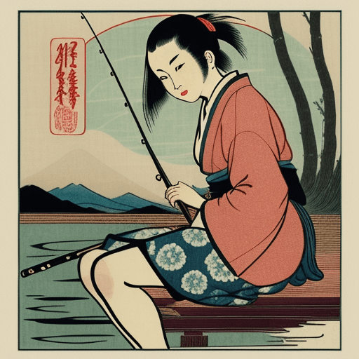 AI generated: woman sitting on a fishing rod, vintage Japanese woodblock print in the style of Utagawa Hiroshige -...