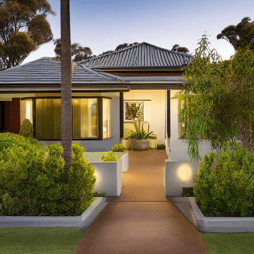 AI generated: High resolution photography of modern Australian bungalow, formal garden, 
magazine, cozy atmosphere...