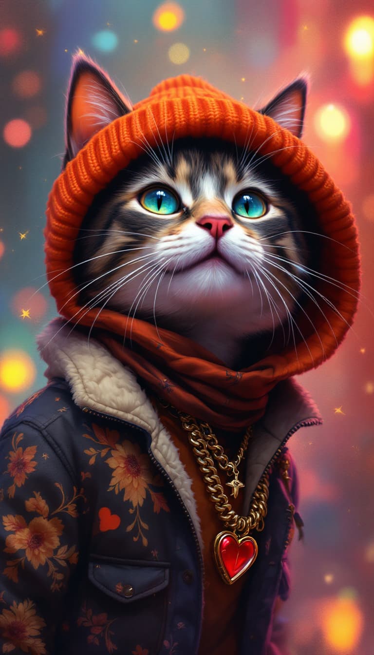 AI generated: happy cat wear hip hop style digital art oil painting style celebration background octane render com...