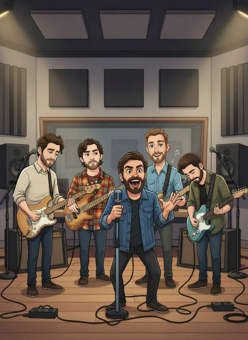 AI generated: "Add the new character from the input image to the existing group illustration as the LEAD SINGER.
...