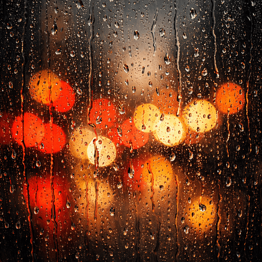 AI generated: A view through a windowpane covered in rain droplets. City lights bokeh in the background (blurred r...