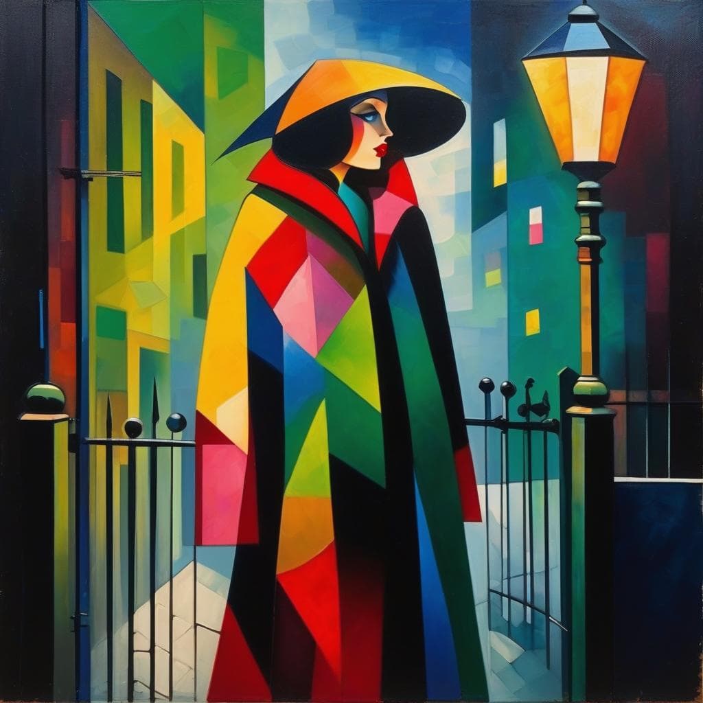 AI generated: A lady wearing furs stands under the street lamp, abstract cubistic painting in the style of Miro, n...