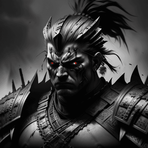 AI generated: (brutal man warrior) intricate armor, intricate weapon, dark tones palette, battlefield in backgroun...