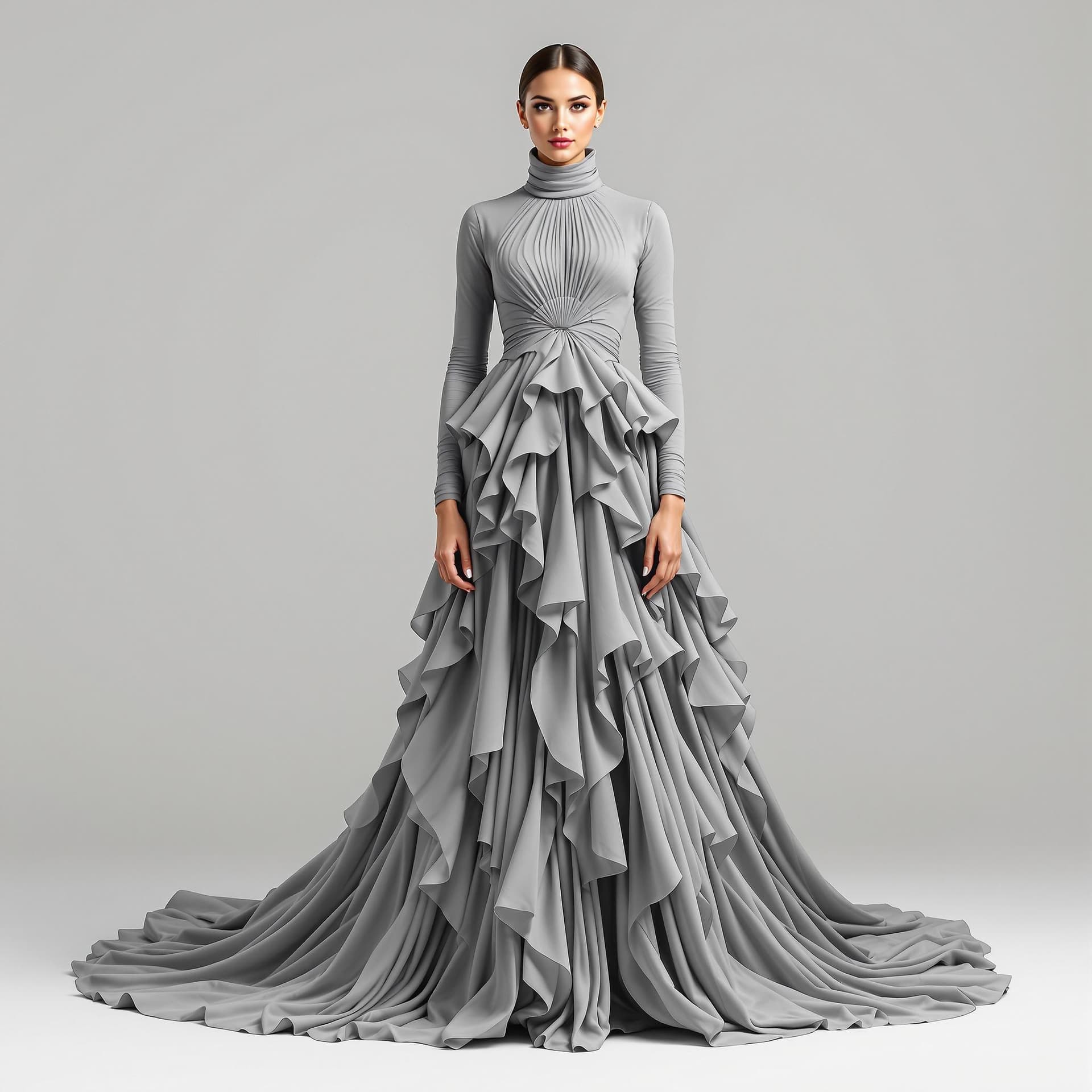 AI generated: The image is a full-length portrait of a woman in a flowing grey dress. The dress features a high ne...