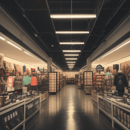 AI generated: huge dimly lit, retail store, liminal, nostalgic, 8k