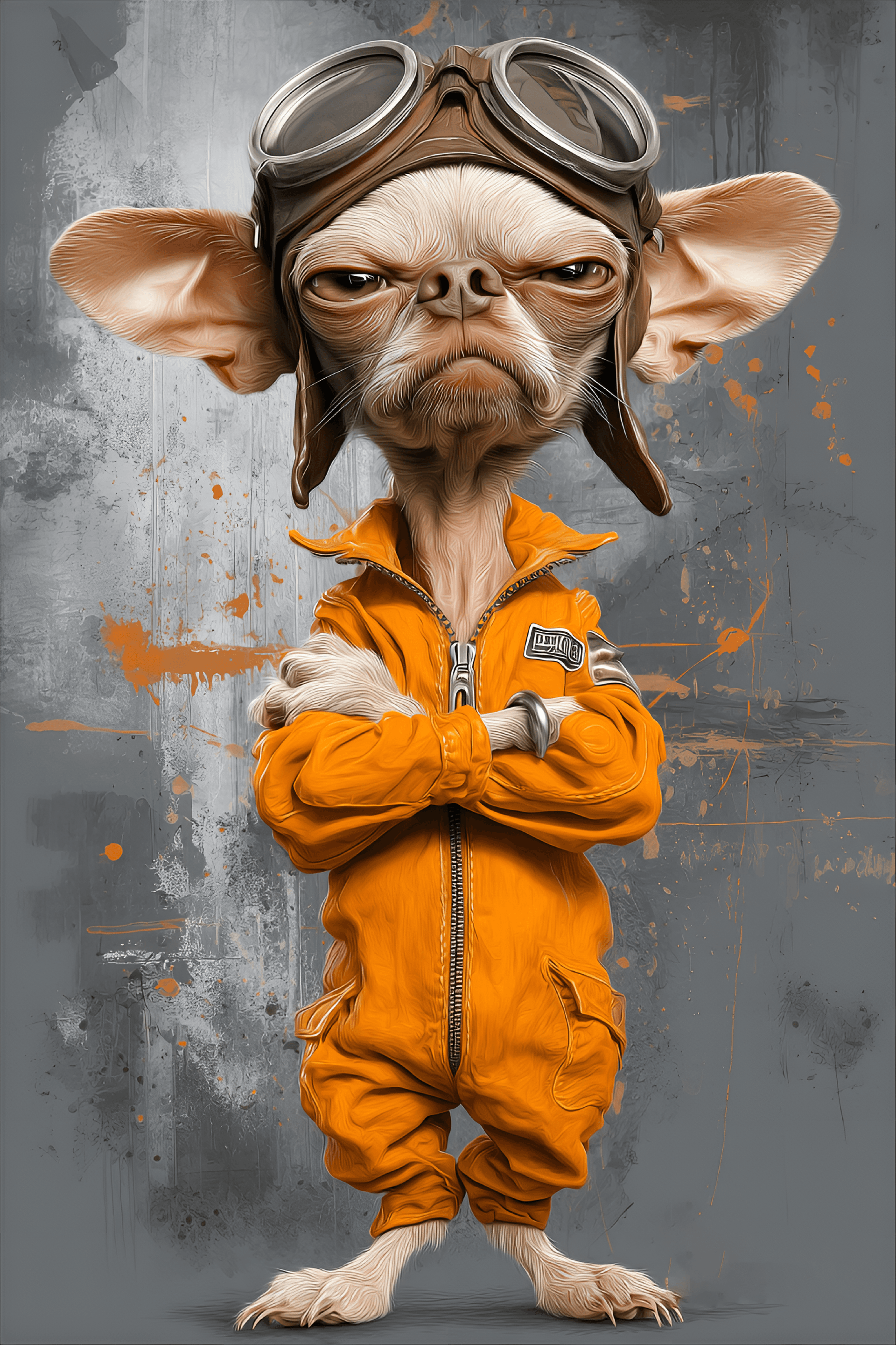 AI generated: funny caricature, tough chihuahua character, male, 7 years old, wrinkled, small, fierce, tiny body w...