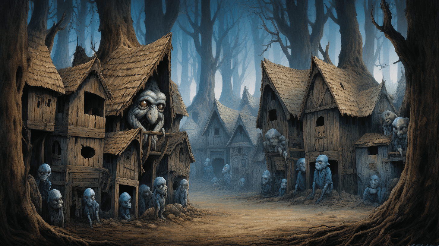 AI generated: In the foreground, strange creatures huddle around a fire in the style of Brian Froud. Background is...