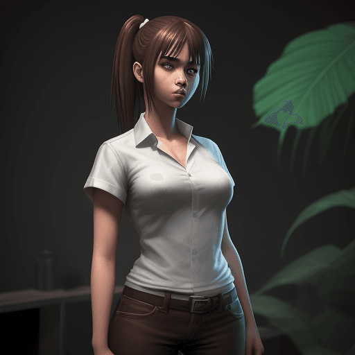 AI generated: a girl with white shirt, in the style of comic book-style art, rendered in maya, junglecore, dark br...