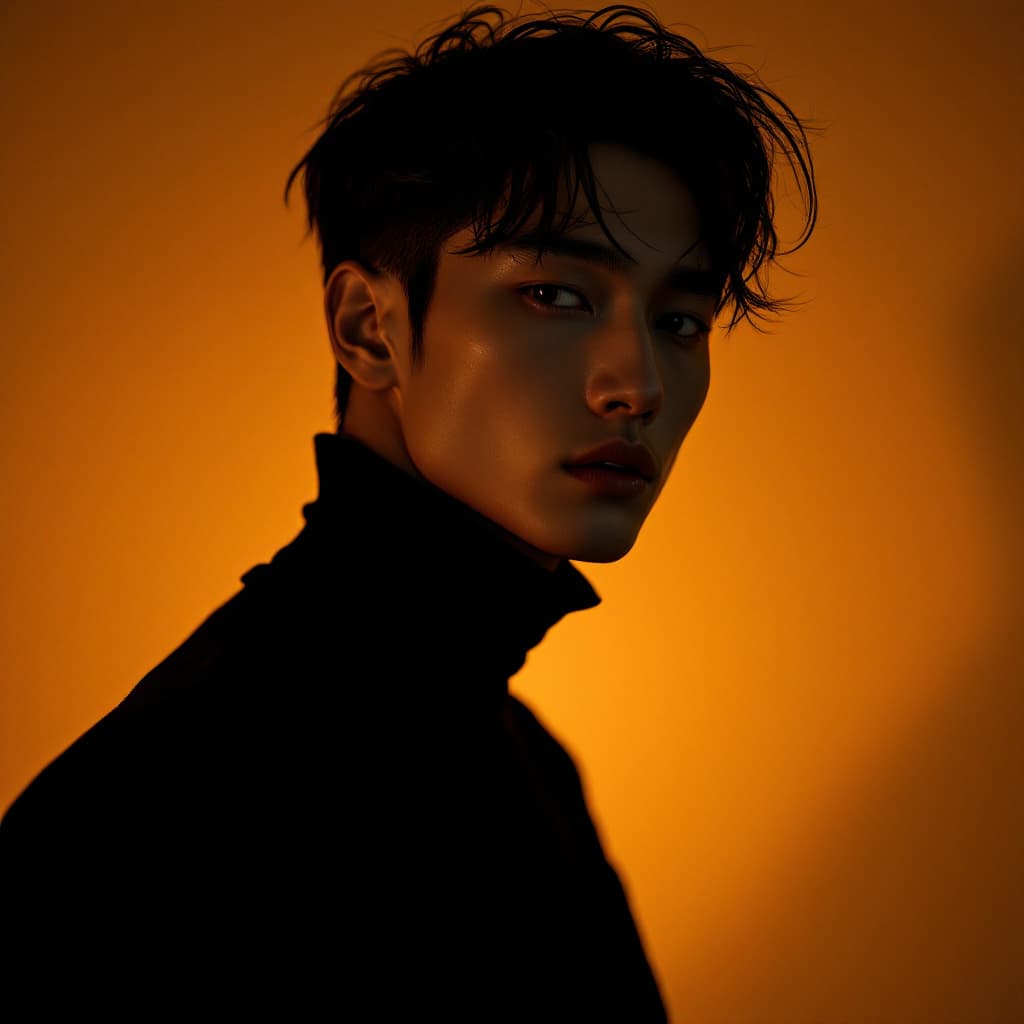 AI generated: fashion editorial photography, front shot, full-body, professional korean male model, shot with hass...