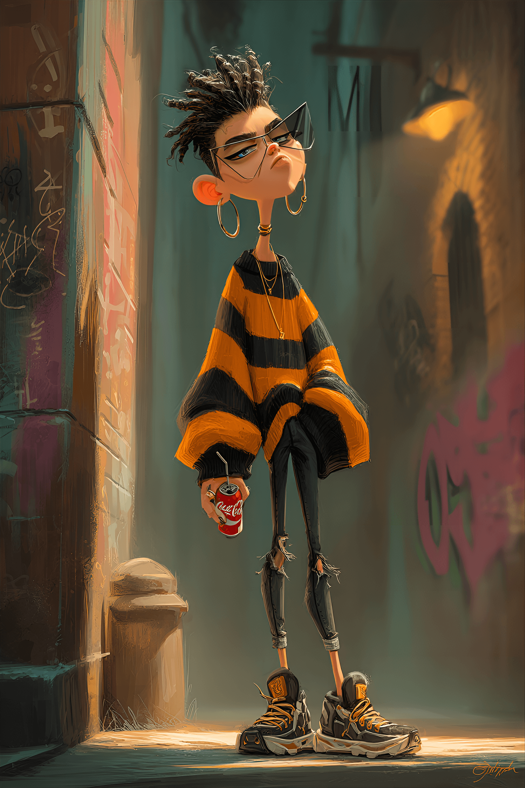 AI generated: funny caricature, rebellious teen, female, 17 years old, moody, stylish, defiant, exaggerated angula...