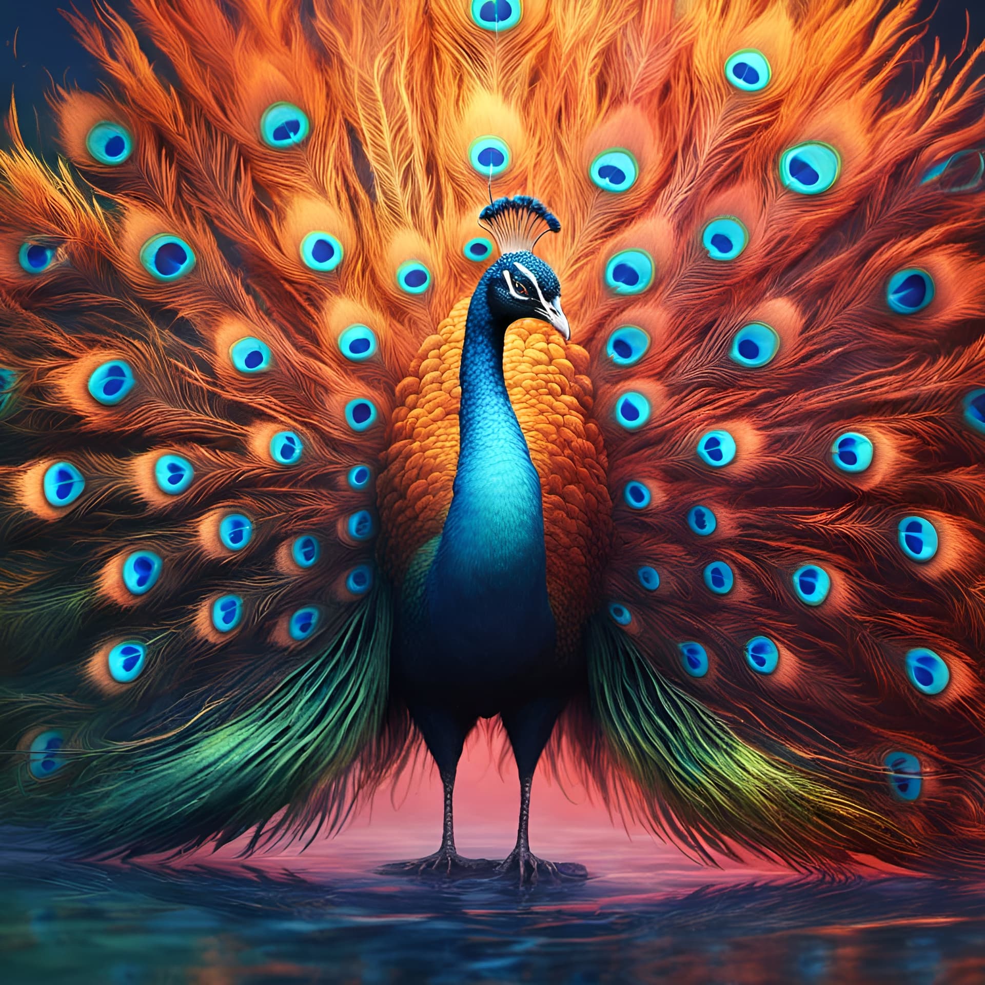 AI generated: an artwork of a mythical avian peacock creature with ethereal feathers that embody both the tranquil...