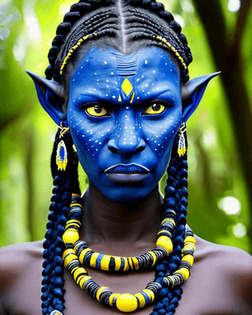AI generated: na'vi woman, blue skin, dark blue stripes on face, forehead, and neck, large ears braided hair, bead...