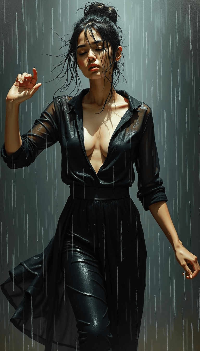 AI generated: Woman standing in the rain with messy bun, semi-sheer black outfit, closed eyes, serene expression, ...