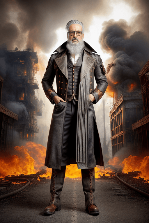AI generated: professional full body portrait, (((full body and head))), old steampunk librarian, white beard, lon...