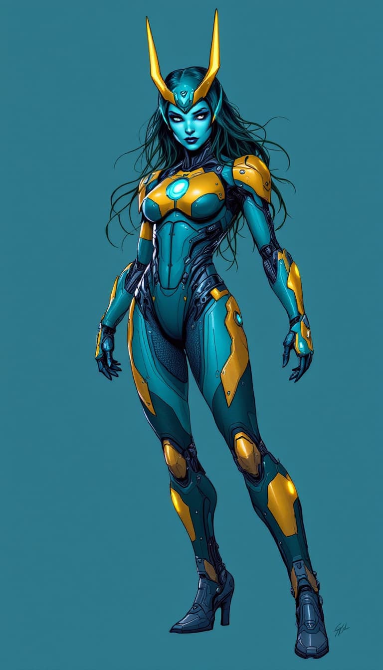 AI generated: A cybernetic female heroine with a vibrant, turquoise face, a captivating fusion of Bumblebee, Vixen...