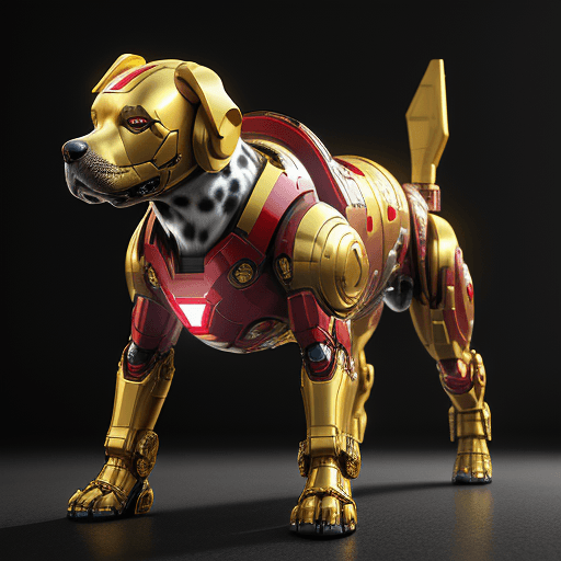 AI generated: an image of dalmatian dog, alert pose, cyberpunk style, wearing bionic helmet, wearing iron man armo...