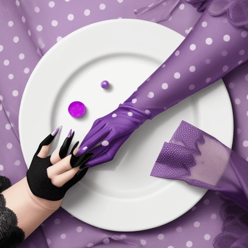 AI generated: a nail file, nail polish and purple gloves, which lie on a table on which lies a polka-dot handkerch...