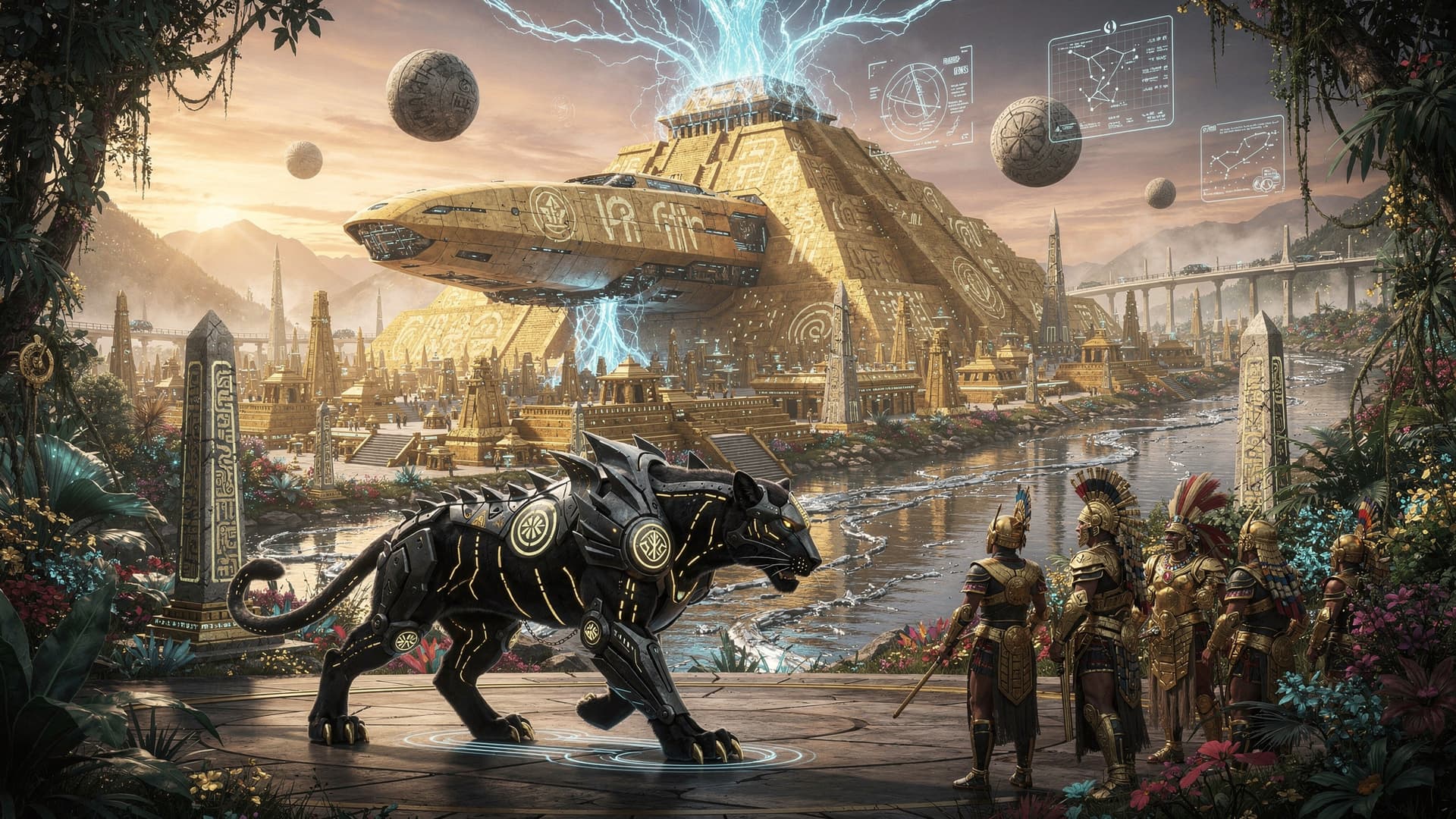 AI generated: The Tartarian Awakening Sunset, Spiritual Inca Jaguars and Warriors at the Transolar Depot parling b...