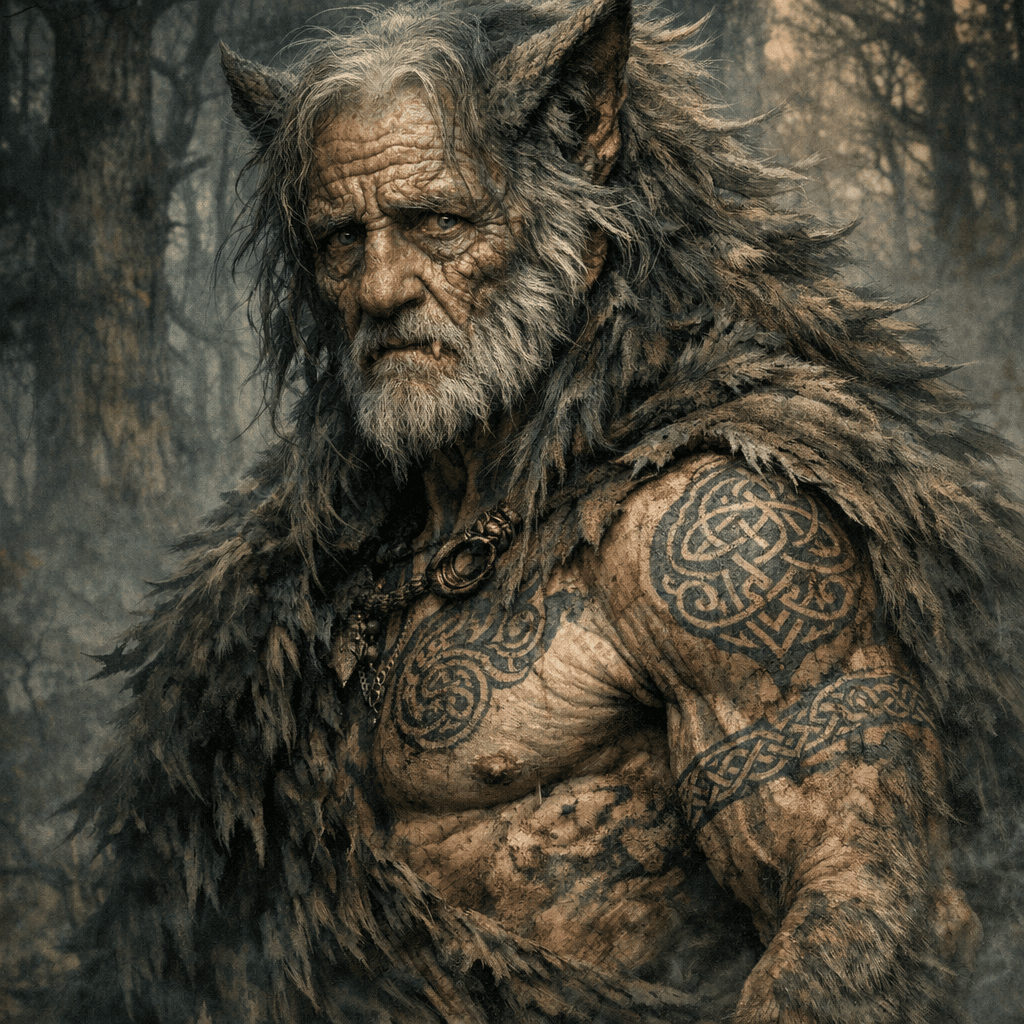 AI generated: Kenny in mid-transformation, wolf features emerging, very old but still human eyes filled with 300 y...