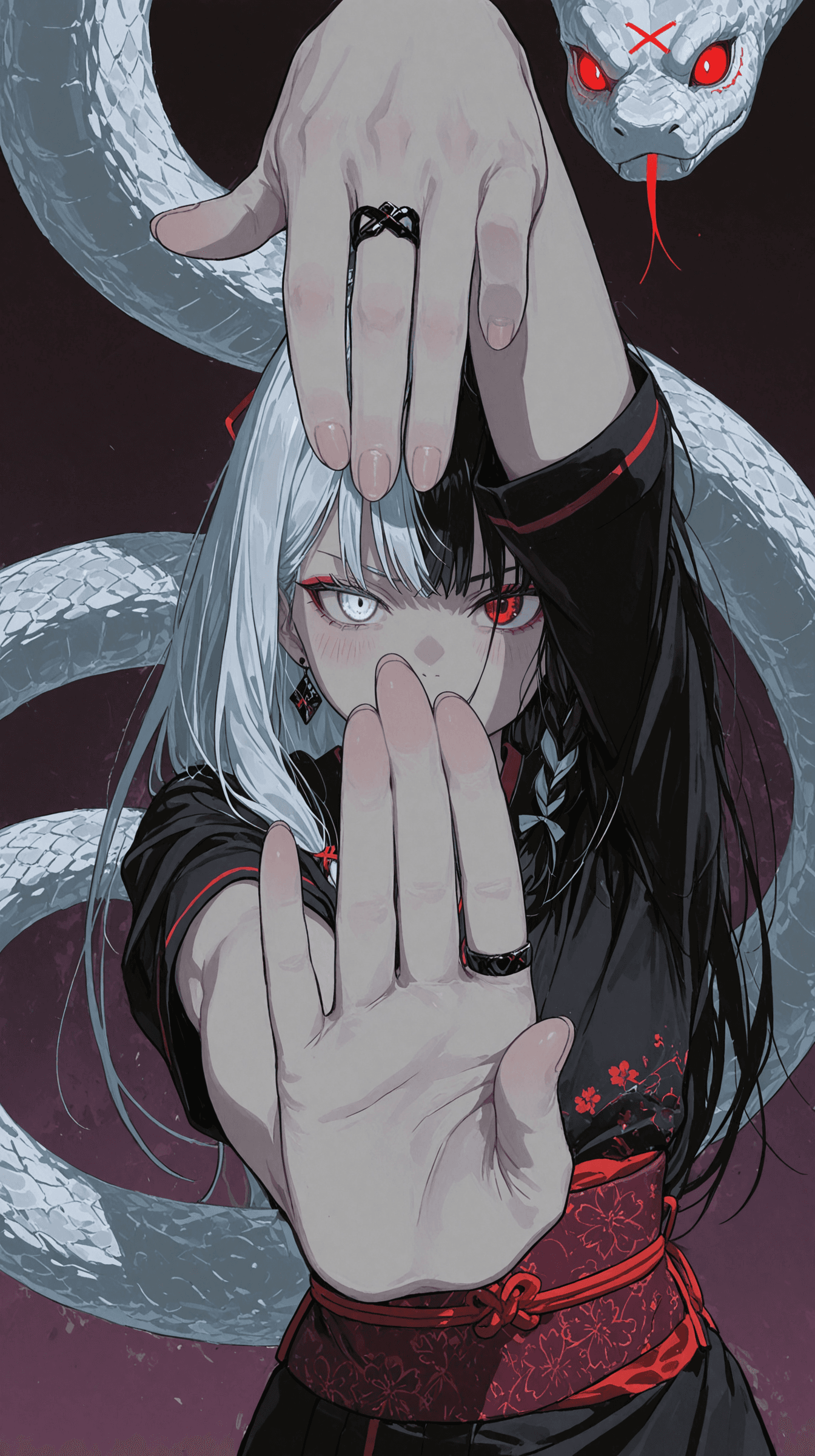 AI generated: 1girl, solo, pale skin, (split-color hair, white hair, black hair), long hair, long sidelocks, x hai...