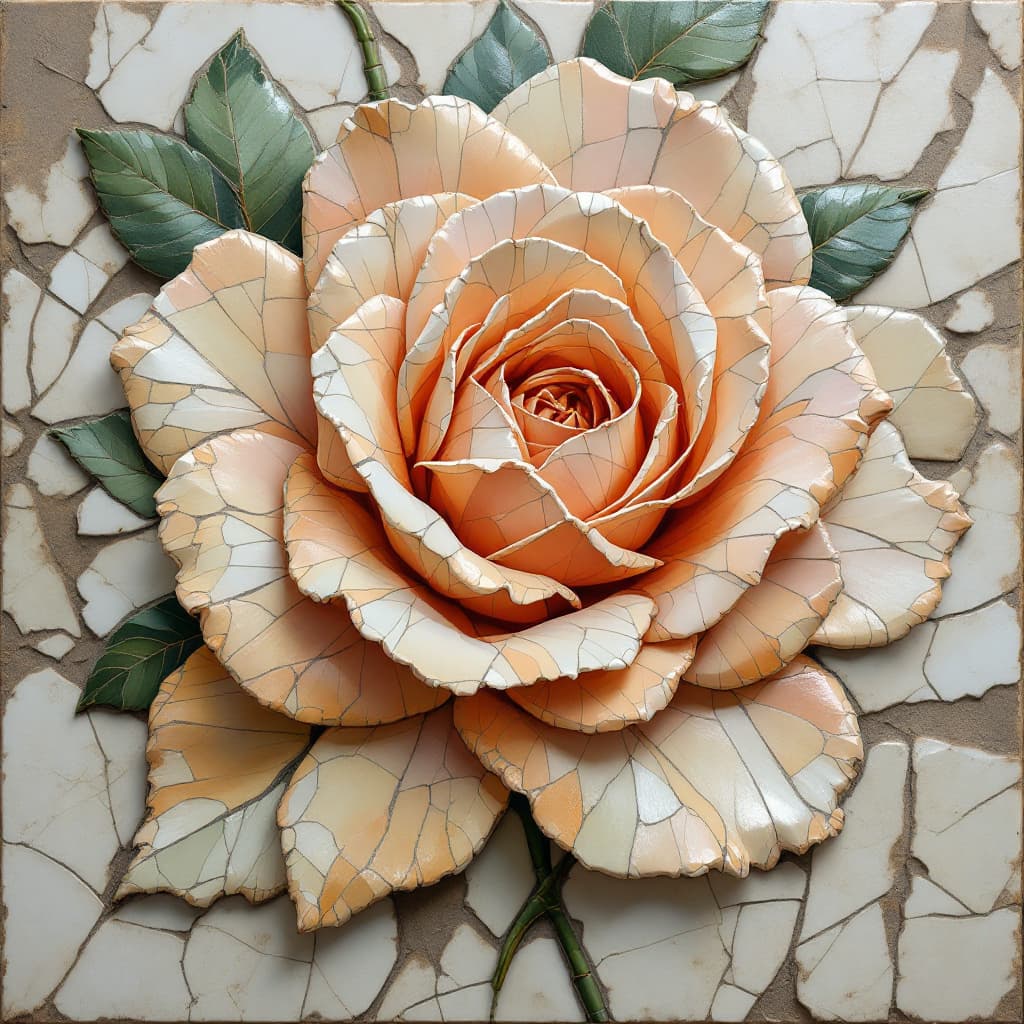 AI generated: A mosaic mural of a blooming rose, crafted from chipped ceramic and glass shards in sun-faded peach ...