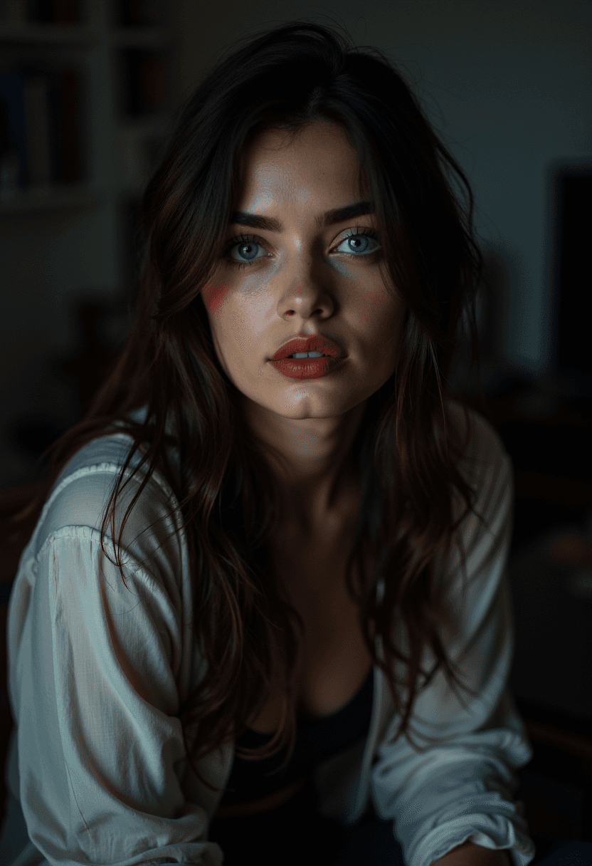 AI generated: We see an intimate scene in someone's dimly lit living room at night â perhaps early evening, bath...