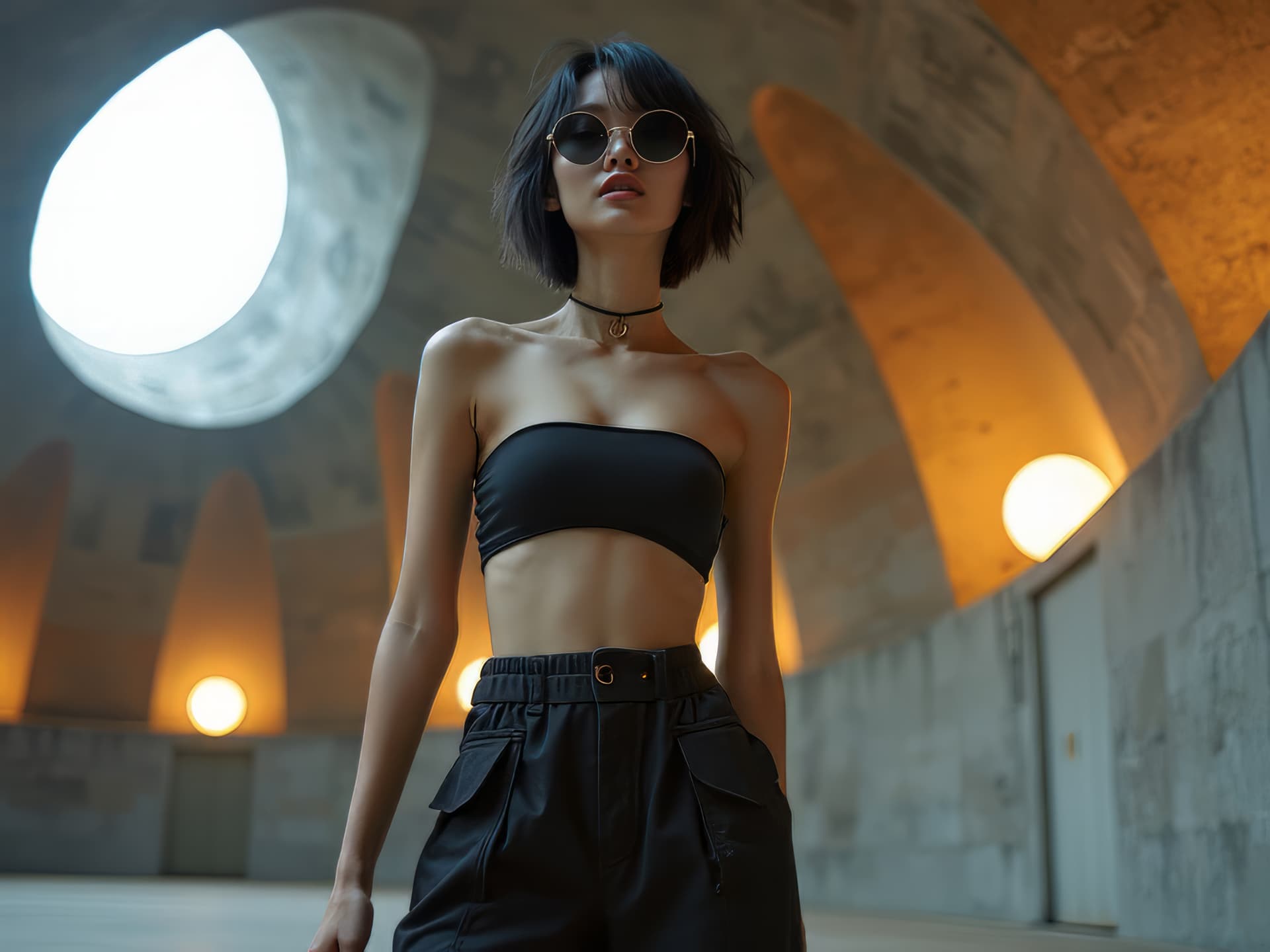 AI generated: High fashion photo of a slim, small breast, flat chest, abs, young asian female supermodel, with sho...