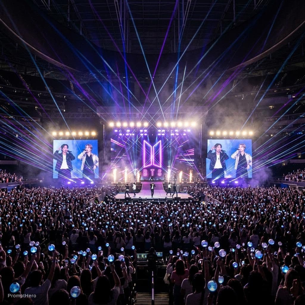 AI generated: Epic BTS KPOP concert arena, massive indoor stadium packed with thousands of ARMY fans holding glowi...