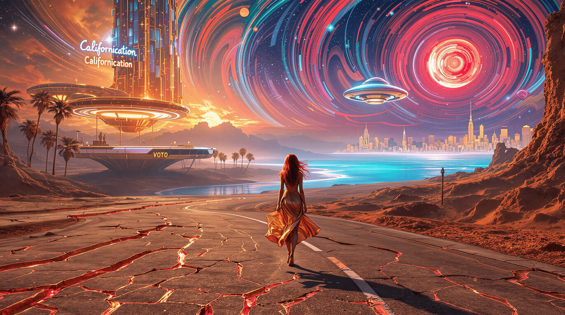 AI generated: A surreal, dreamlike landscape embodying the themes and imagery of *Californication*. The scene seam...
