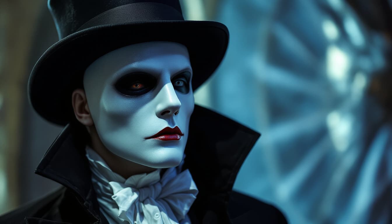 AI generated: cosplay (the phantom of the opera musical:1.2), Michael Crawford, half mask, gothic lair  