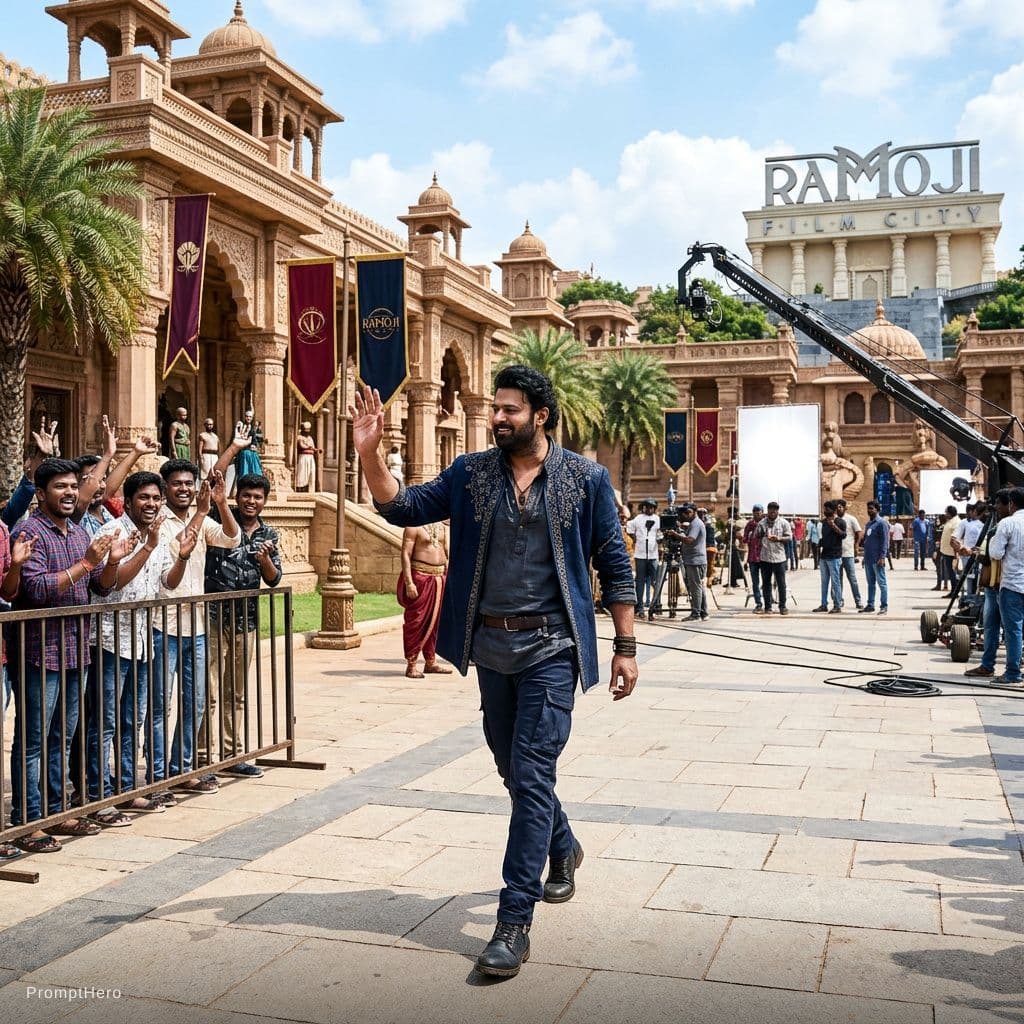 AI generated: Create an image using prompt hero with my favorite hero prabhas at ramoji film City of Hyderabad 
