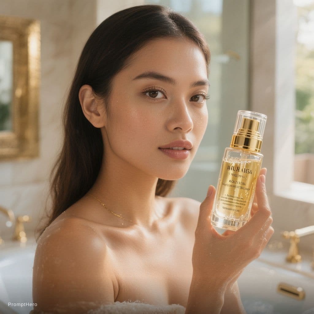 AI generated: beautiful Indonesian woman, holding skincare bottle, luxury bathroom, soft morning lighting, close u...