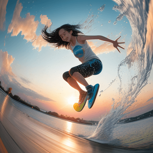 AI generated: dynamic, high-speed action, encapsulated in a warm, vibrant sunset backdrop, a tight crop focusing o...