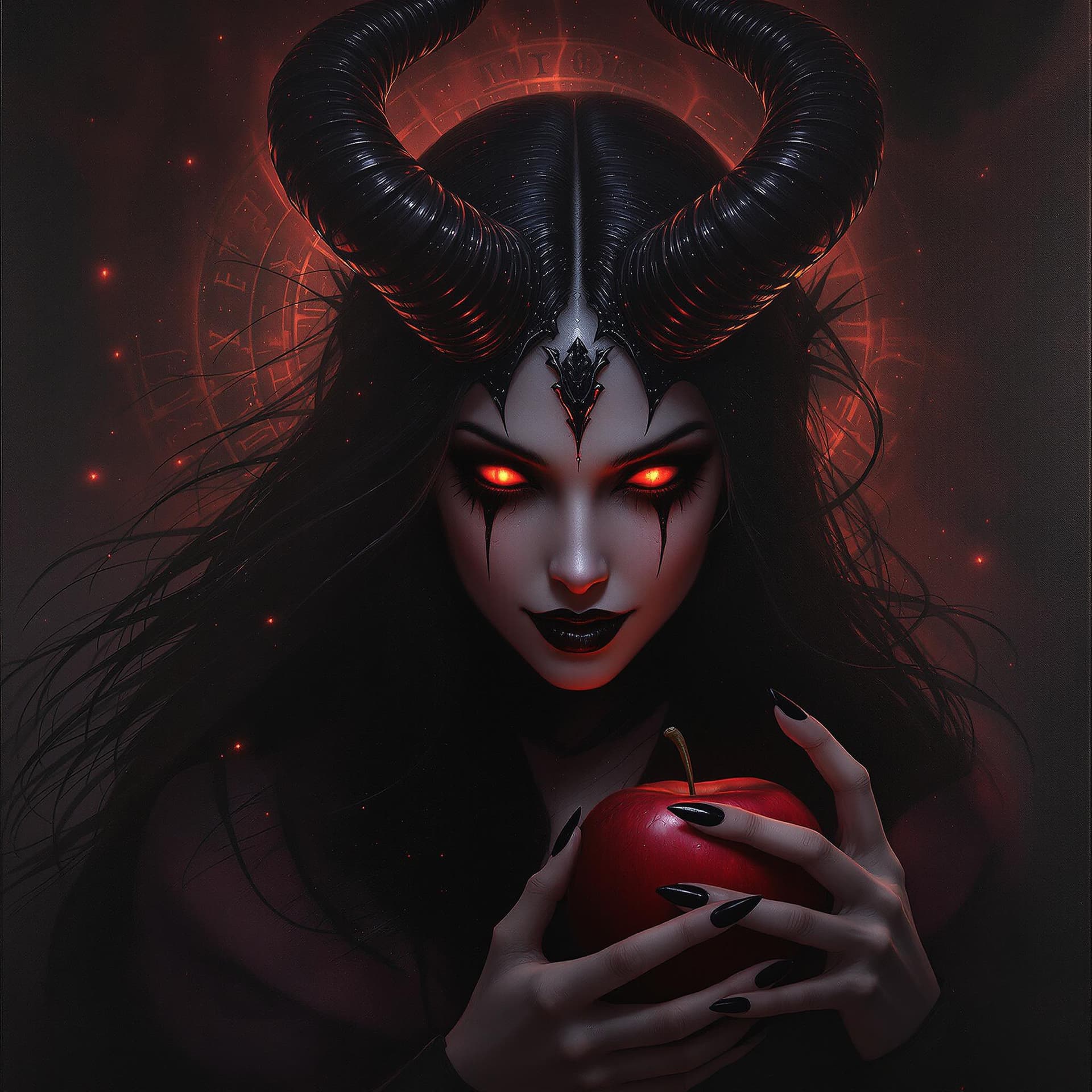 AI generated: MusicAlbum cover art (paining) of the Temptress of darkness - Lilith: A seductive female demon queen...