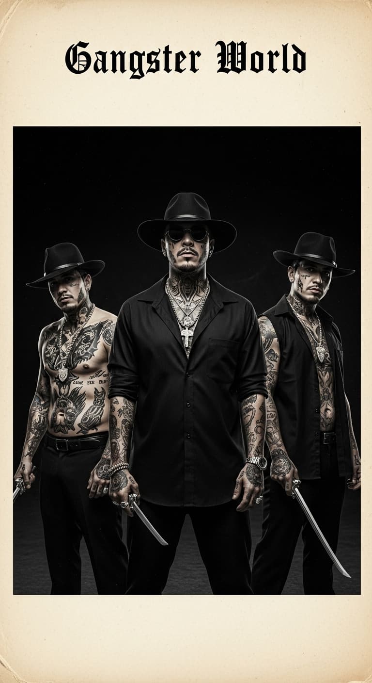 AI generated: Poster design,3 Mexican gangsters,face and body tattoos,dramatic b&w,typography “gangster world” at ...