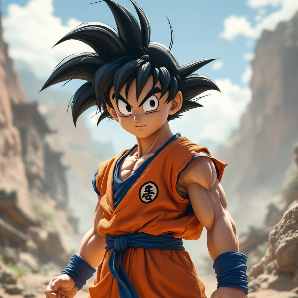 AI generated: Hyper realistic Little Son Goku in a full body image from the first episode in the current reality