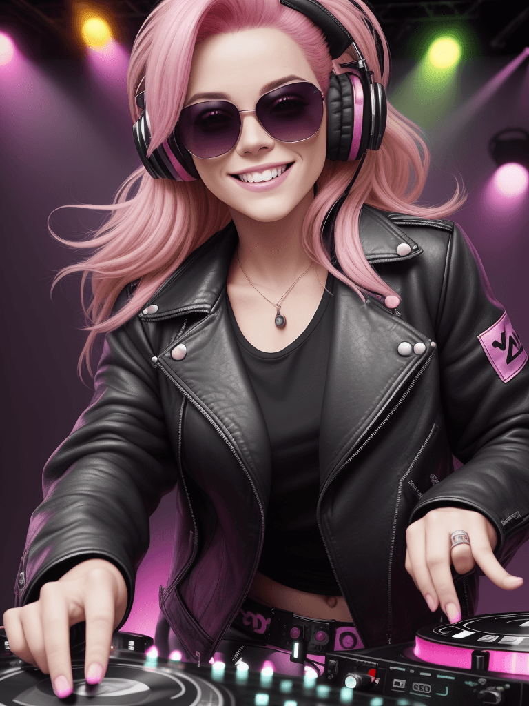 AI generated: beautiful (smiling:1) woman DJ with (pink hair:1.1) wearing (headphones:1.1) and sunglasses and a le...
