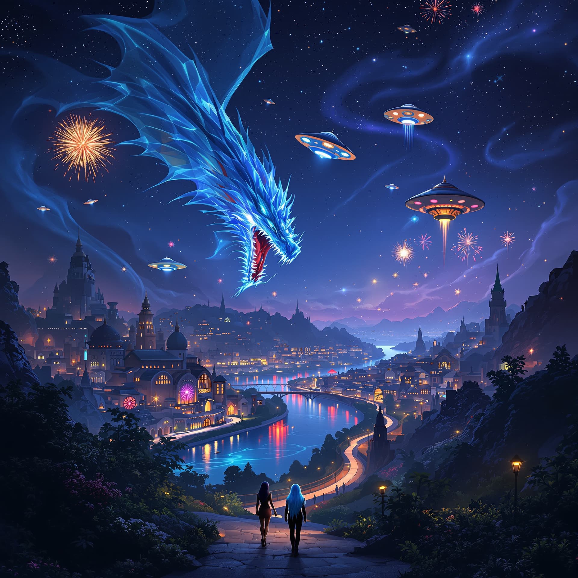 AI generated: Surrealistic, psychedelic. deep color and high detail. A futuristic world at night with dragons flyi...