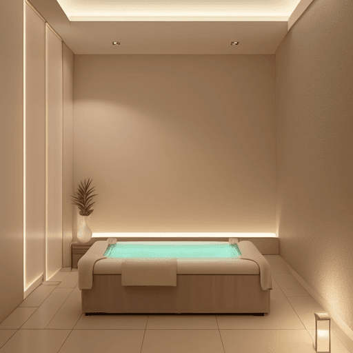 AI generated: small 1.5 meters wide and 3 meters length massage room luxurious spa room with a serene and modern a...
