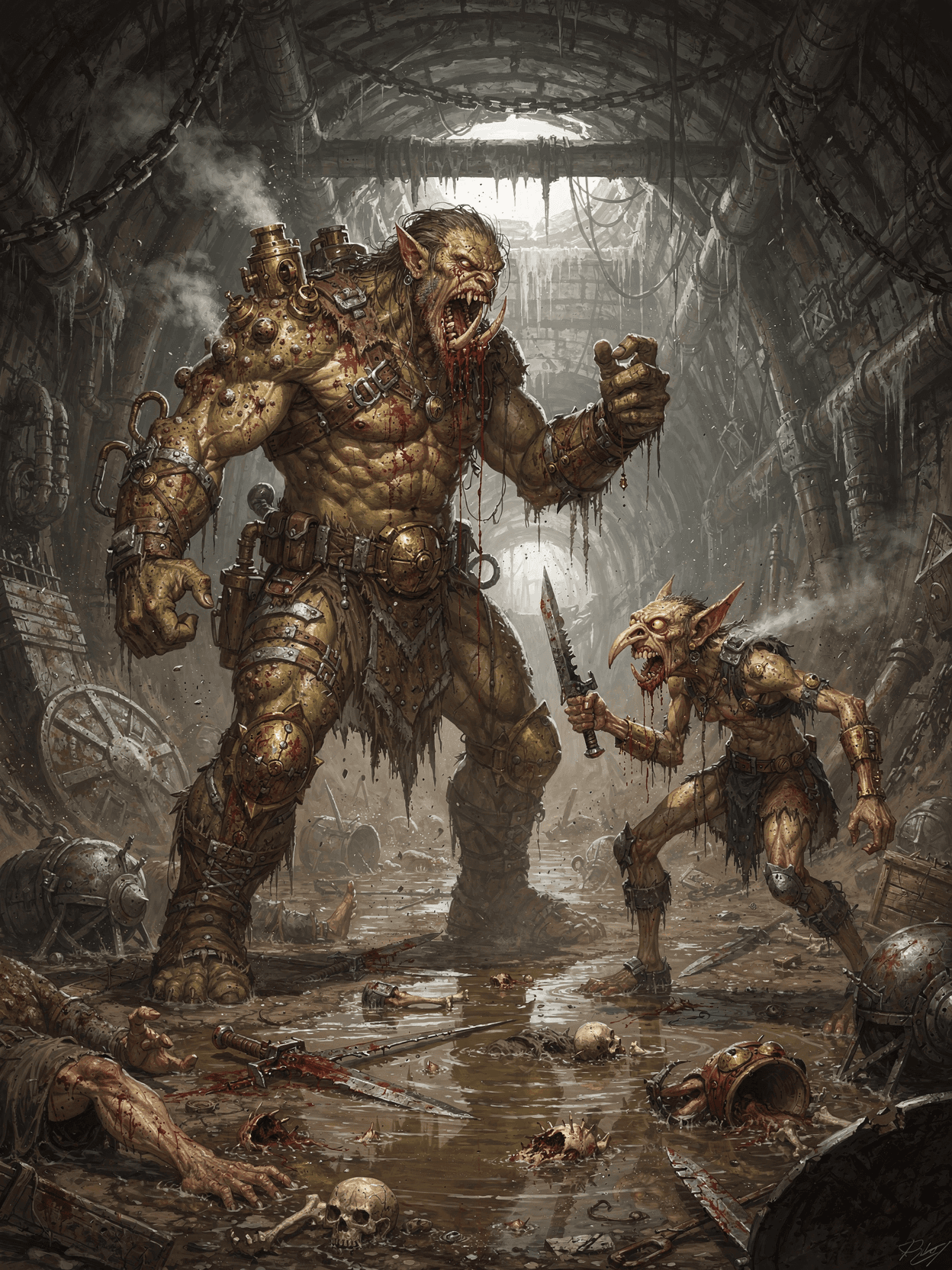 AI generated: Create a fight between a grotesque steampunk Orc with long snarling twisted teeth, dripping blood, s...